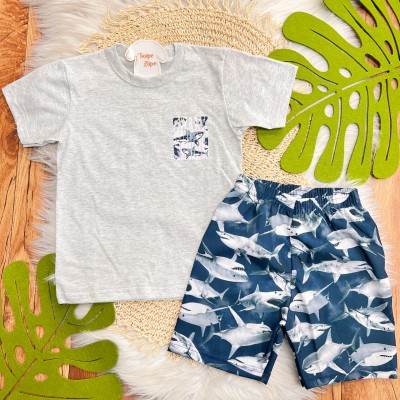 Conj. Camiseta Shark e Bermuda Tubarões - Mescla 